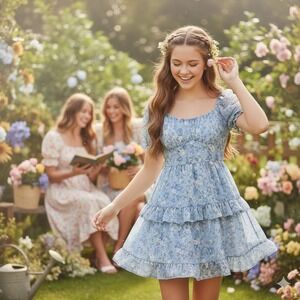 Altar'd State Women Teen Blue Floral Tiered Layered Floral Bubble Sleeve Medium